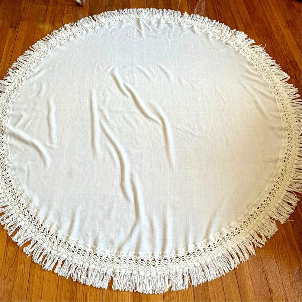 Vintage Round Cream Tablecloth Crochet Fringe Boho Cottage Decor